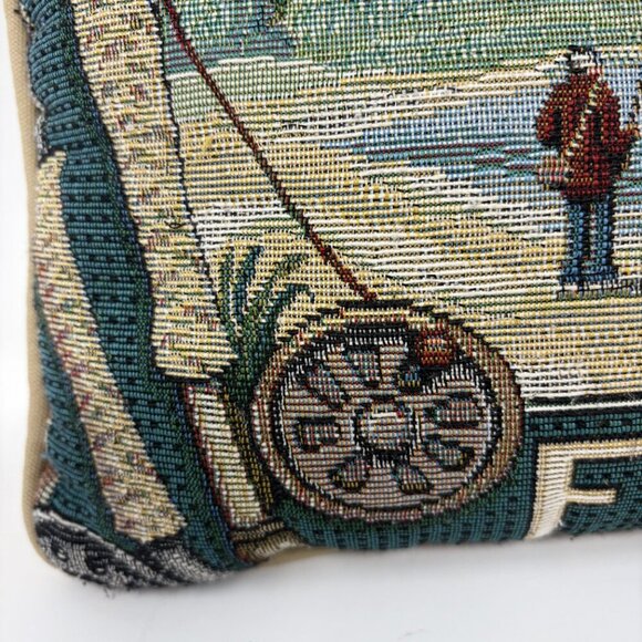 Vintage throw pillow I'd Rather Be Fishing green tan lake needlepoint tapestry - Picture 2 of 9
